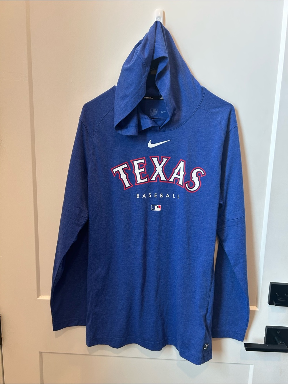 Nike Texas Rangers Baseball Hooded Long Sleeve — Blue with Red/White Logo